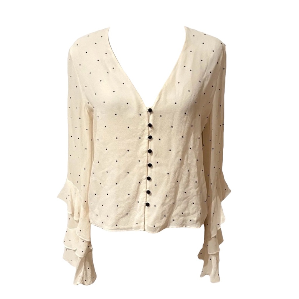 Intermix Silk Polka Dot Ruffle Long Sleeve Top VNeck Button Size M